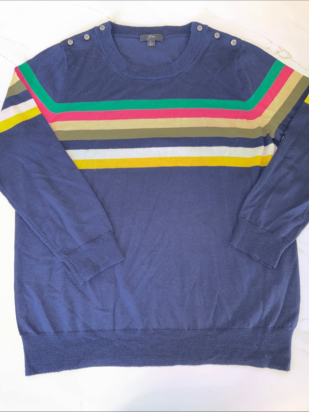 J. Crew Navy Merino Crewneck Sweater with Multicolor Stripes